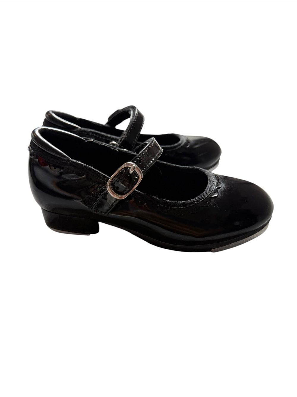 Girls Black Patent Mary Jane Tap Dance Shoes Scalloped Buckle Size 11M